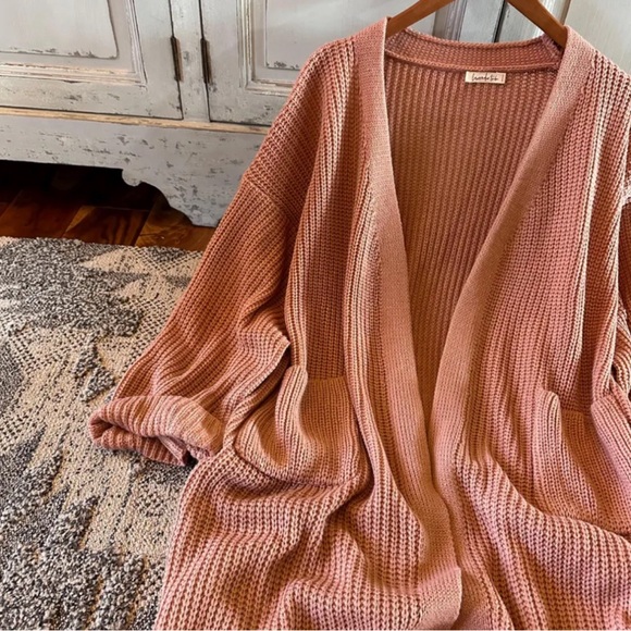 New Womens Oversized Knit Cardigan Sweater Cotton Blush Pink Crochet Yarn - Picture 4 of 10